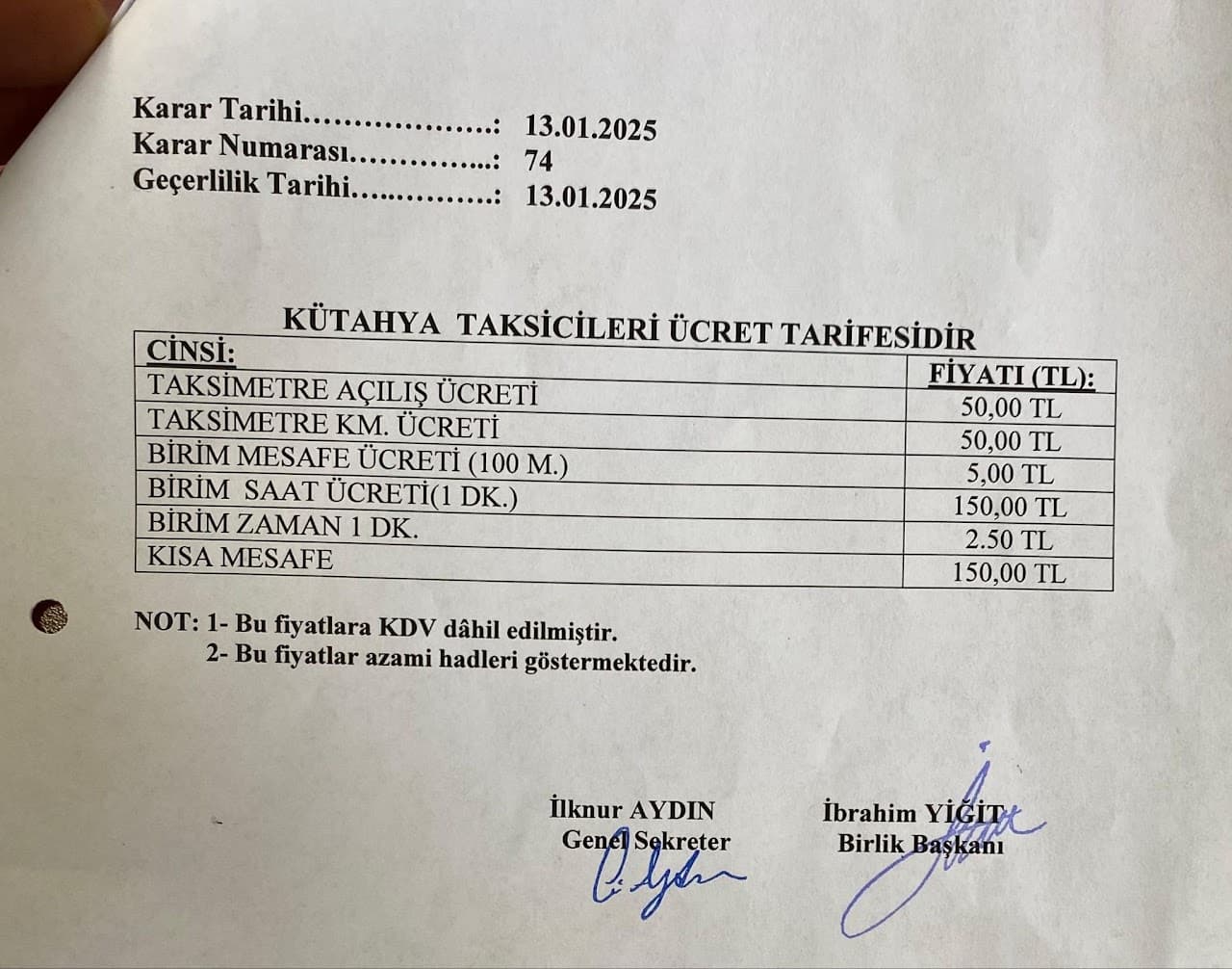 Kütahya Taksicileri Ücret Tarifesi — Karar No: 74, Geçerlilik Tarihi: 13.01.2025